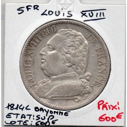 5 francs Louis XVIII 1814 L Bayonne Sup, France pièce de monnaie