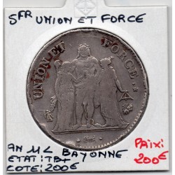 5 francs Union et Force An 11 L Bayonne TB+, France pièce de monnaie