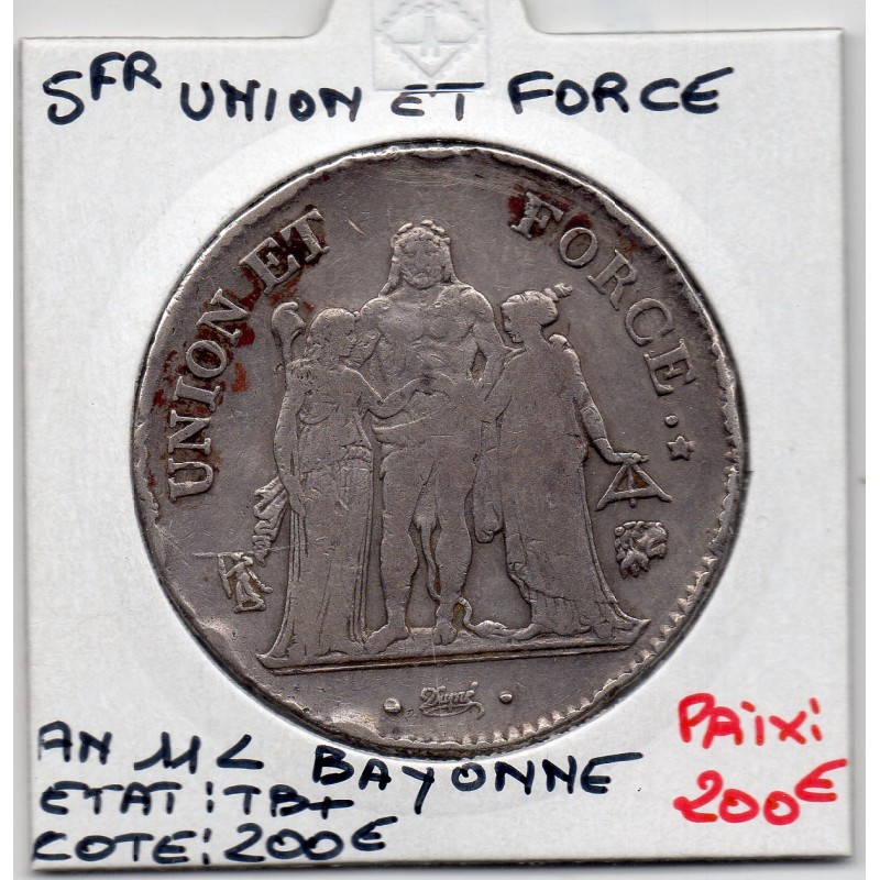 5 francs Union et Force An 11 L Bayonne TB+, France pièce de monnaie