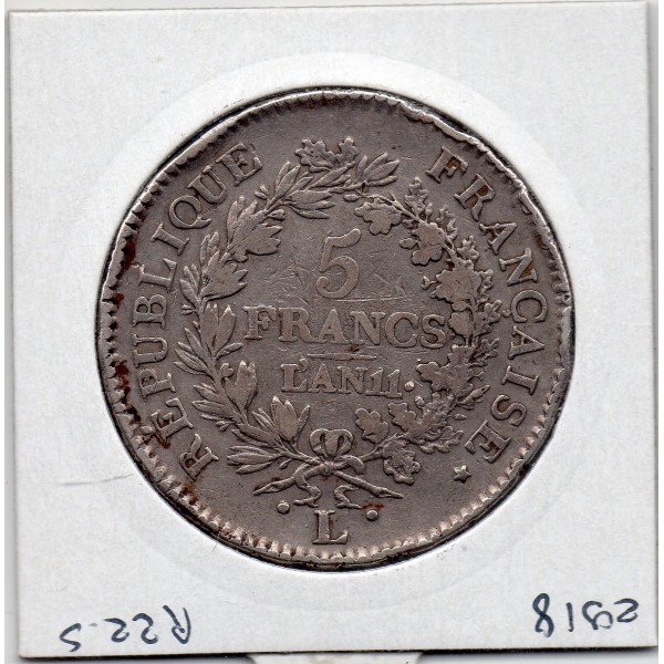 5 francs Union et Force An 11 L Bayonne TB+, France pièce de monnaie