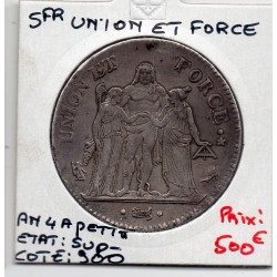 5 francs Union et Force An 4 petit A Paris Sup-, France pièce de monnaie