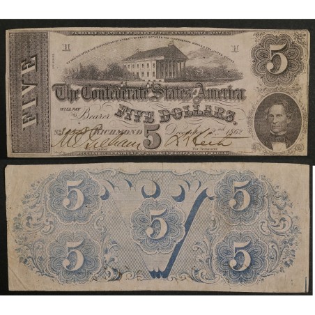Etats Confédérés d'Amérique PK 51c, 2 décembre 1862 Billet de banque de 5 Dollars