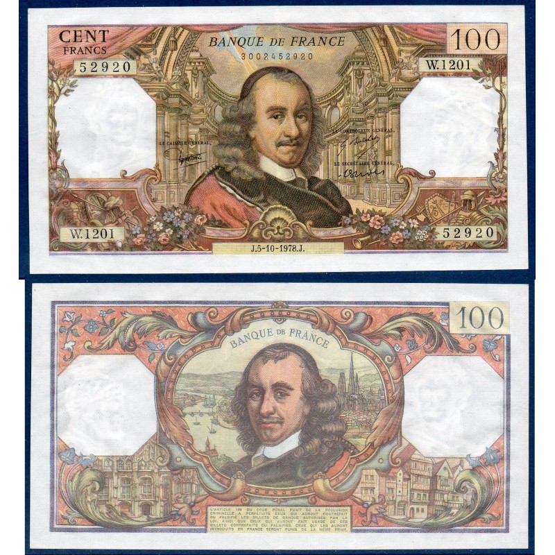 100 Francs Corneille Sup 5.10.1978 Billet de la banque de France