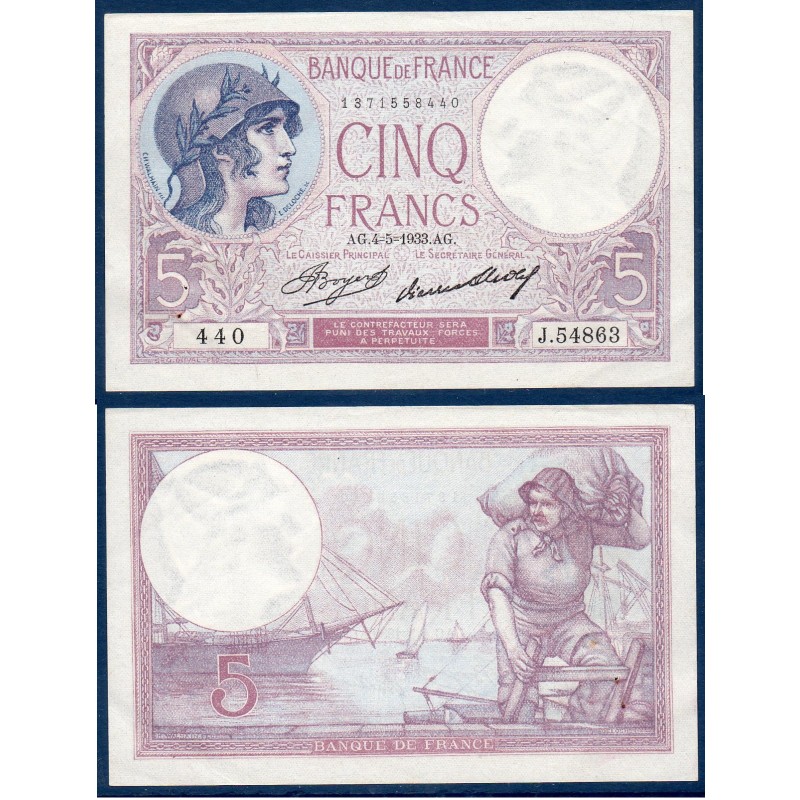 5 Francs Violet Sup+ 4.5.1933 Billet de la banque de France