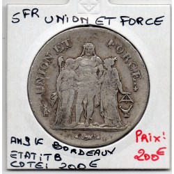 5 francs Union et Force An 9 K Bordeaux TB, France pièce de monnaie