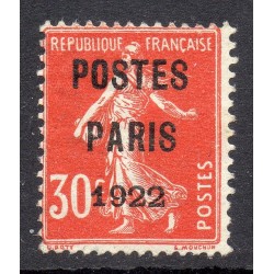 Timbre France Préoblitérés Yvert 32 semeuse poste Paris 1922 30c Rouge neuf sans gomme