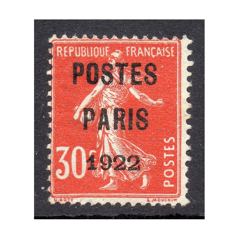 Timbre France Préoblitérés Yvert 32 semeuse poste Paris 1922 30c Rouge neuf sans gomme