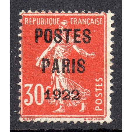 Timbre France Préoblitérés Yvert 32 semeuse poste Paris 1922 30c Rouge neuf sans gomme