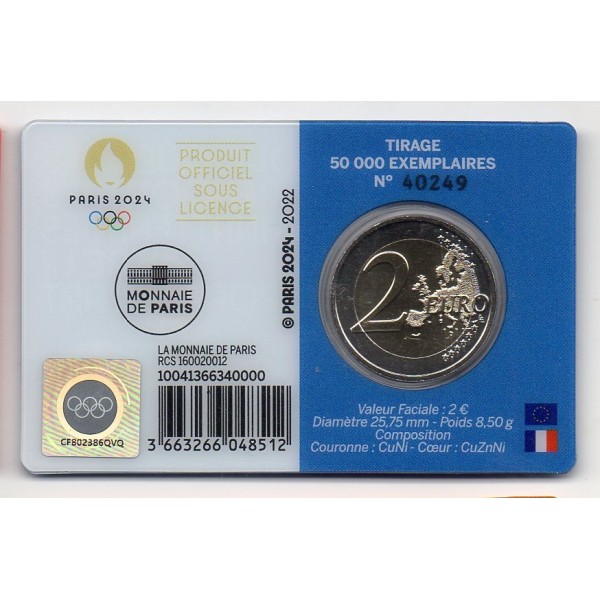 2 euro commémorative France 2022 Jeux olympique Paris blister bleu piece de monnaie €