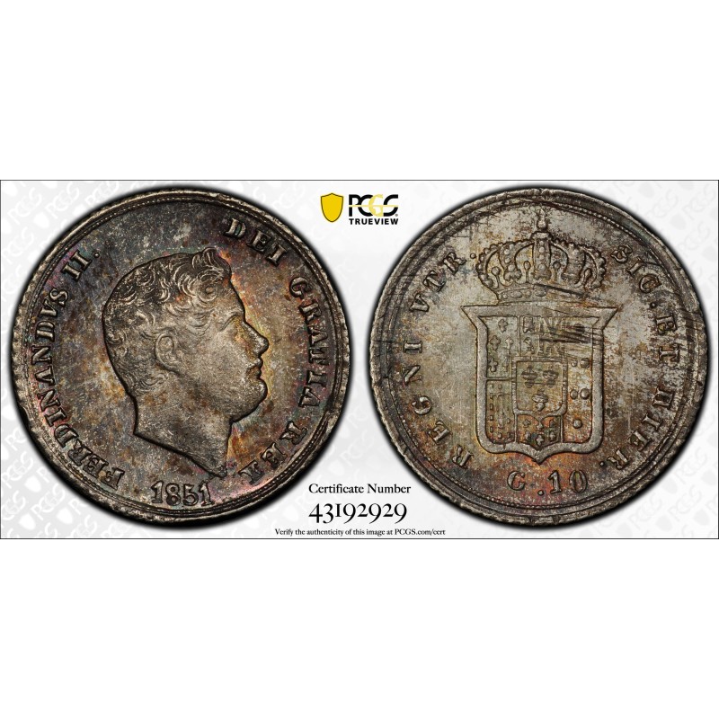 Italie Deux Siciles 10 Grana 1851 Spl PCGS MS63, KM 364 pièce de monnaie