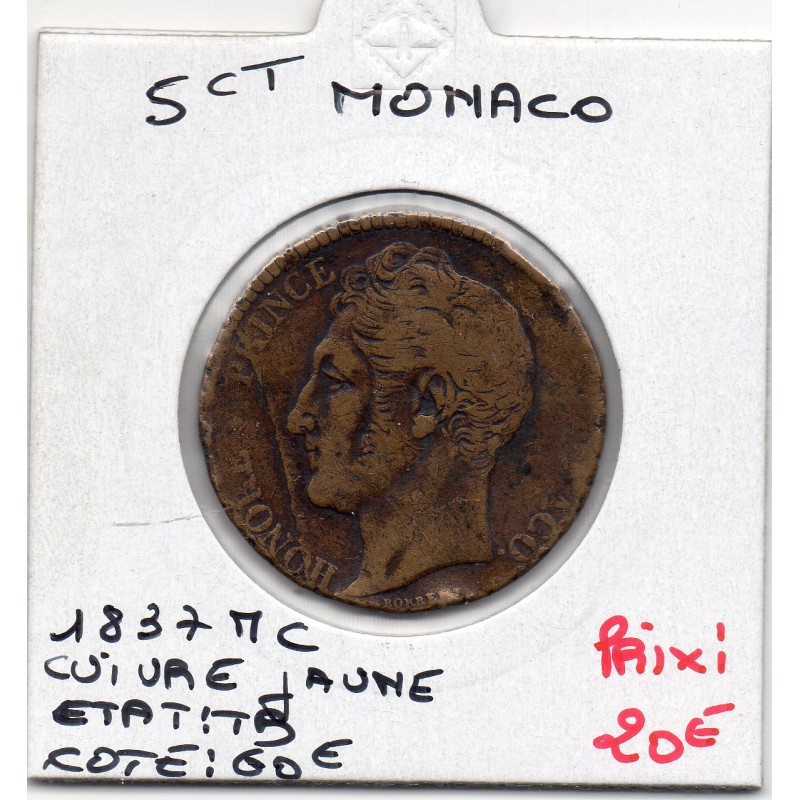 Monaco Honore V 5 centimes 1837 MC TB, Gad 103 pièce de monnaie