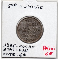 Tunisie, 5 francs 1936 - 1355 AH Sup, Lec 307 pièce de monnaie