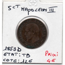 5 centimes Napoléon III tête nue 1853 D Lyon TB, France pièce de monnaie