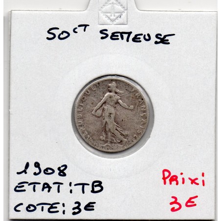 50 centimes Semeuse Argent 1908 TB, France pièce de monnaie
