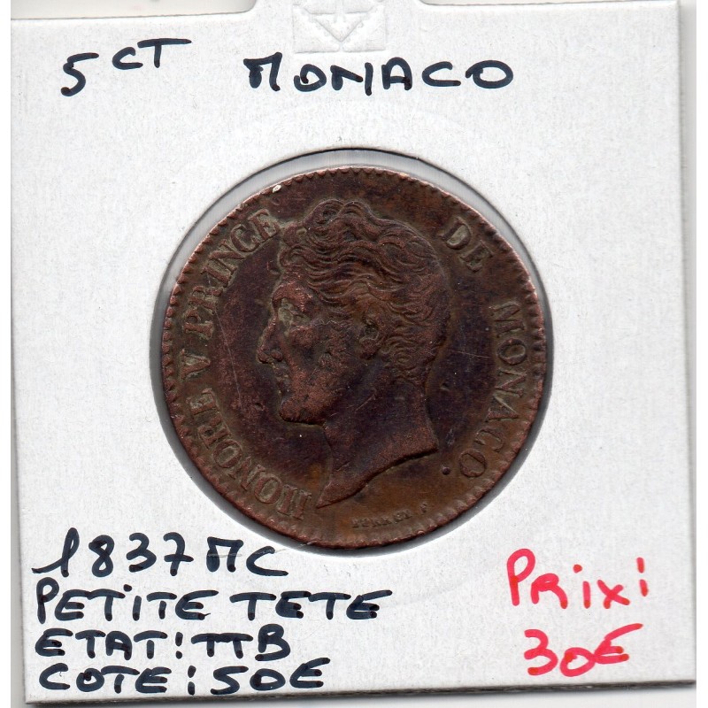 Monaco Honore V 5 centimes 1837 MC TTB, Gad 102 pièce de monnaie