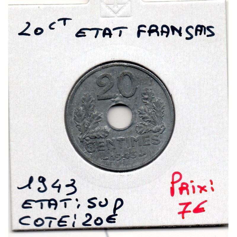 20 centimes état Français 1943 legere Sup, France pièce de monnaie