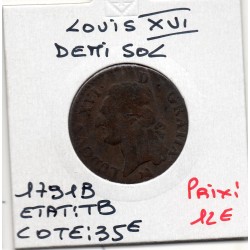 1/2 sol 1791 B Rouen TB Louis XVI pièce de monnaie royale