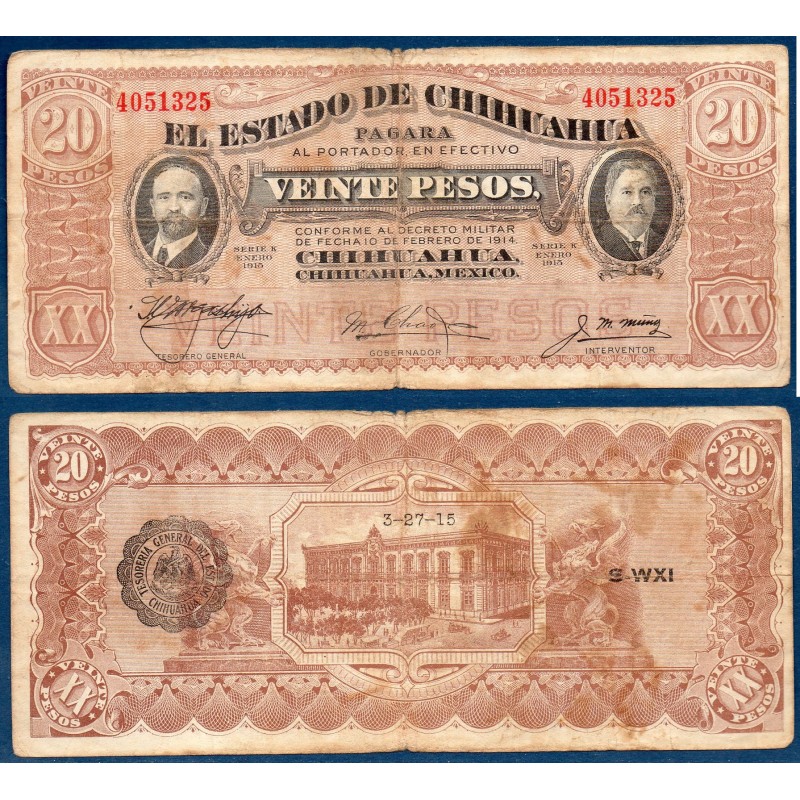 Mexique Pick N°S537b, Billet de Banque de 20 pesos 1915