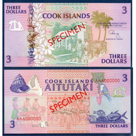 iles Cook Pick N°7s, Billet de banque de 3 dollars 1992 specimen