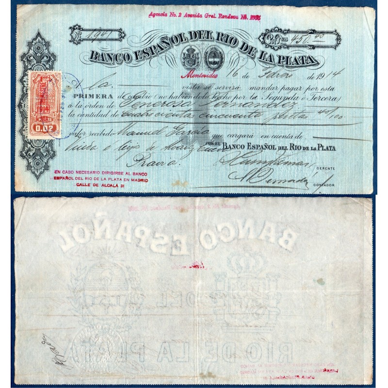Espagne cheque banco Espanol del rio de la plata, Billet de banque de 450 pesetas 1914