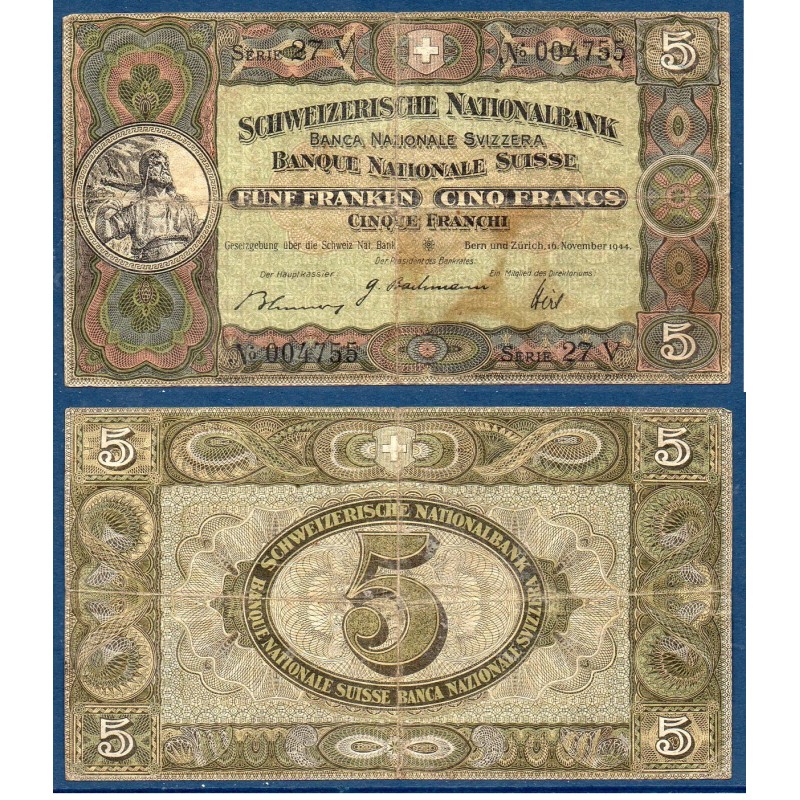 Suisse Pick N°11k, TB Billet de banque de 5 Francs 1944
