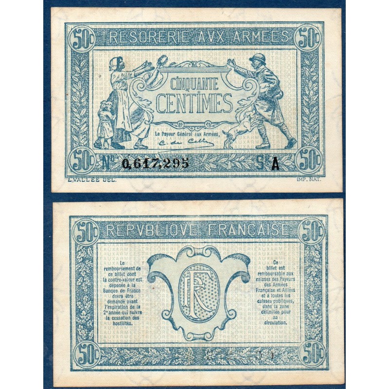 50 centimes TTB+ Trésorerie aux armées 1917 série A Billet du trésor Central