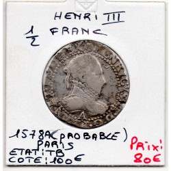 Demi Franc au col gaufré 1578 A Paris Henri III pièce de monnaie royale