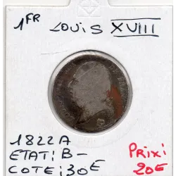1 Franc Louis XVIII 1822 A Paris B-, France pièce de monnaie