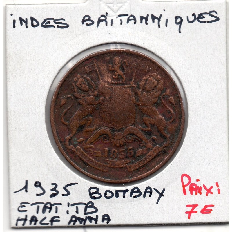 Inde Britannique 1/2 anna 1835 Bombay TB, KM 447 pièce de monnaie