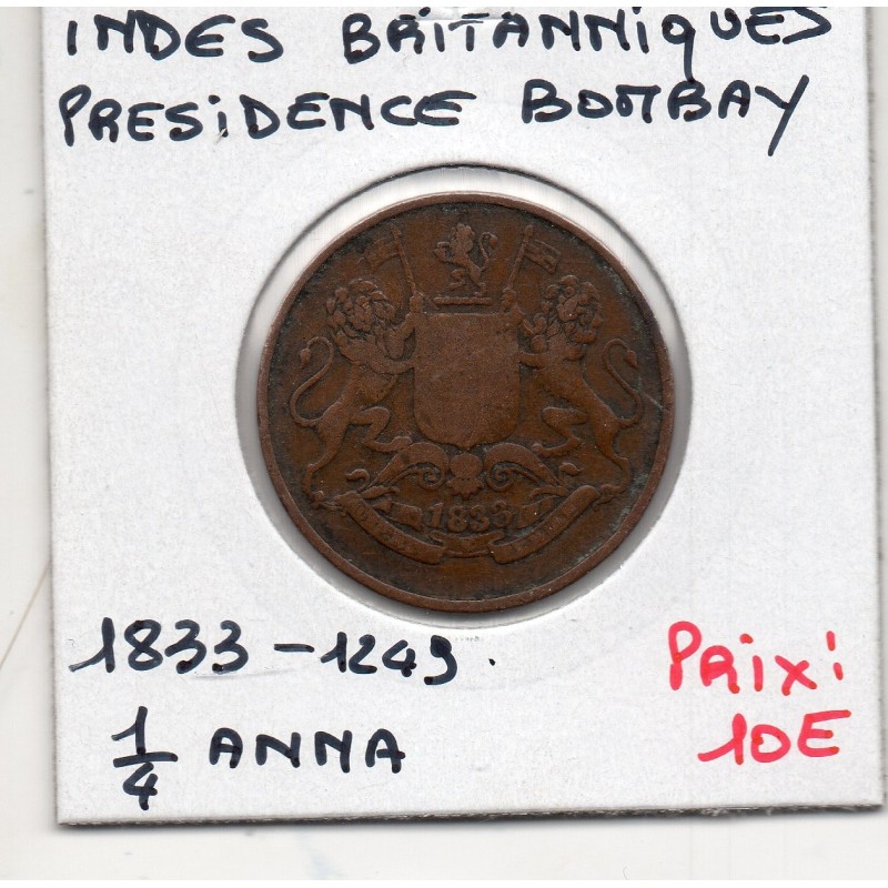 Inde Britannique présidence bombay 1/4 anna 1833 1249 TB, KM 232 pièce de monnaie