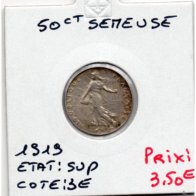 50 centimes Semeuse Argent 1919 Sup, France pièce de monnaie