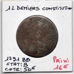 12 denier Constitution Louis XVI 1791 BB Strasbourg B, France pièce de monnaie