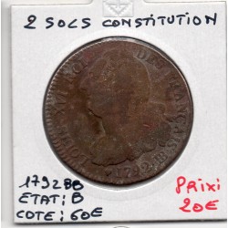 2 Sols Constitution Louis XVI 1792 BB Strasbourg B, France pièce de monnaie