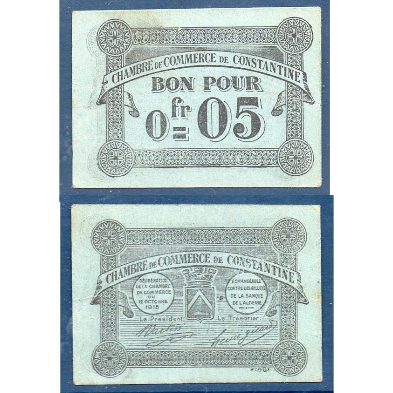 Algérie Chambre de Commerce Constantine pirot 46, Sup Billet de banque de 5 centimes 1915