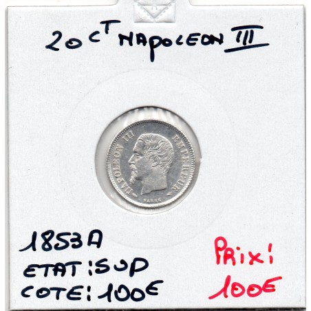20 centimes Napoléon III tête nue 1853 A Paris Sup, France pièce de monnaie