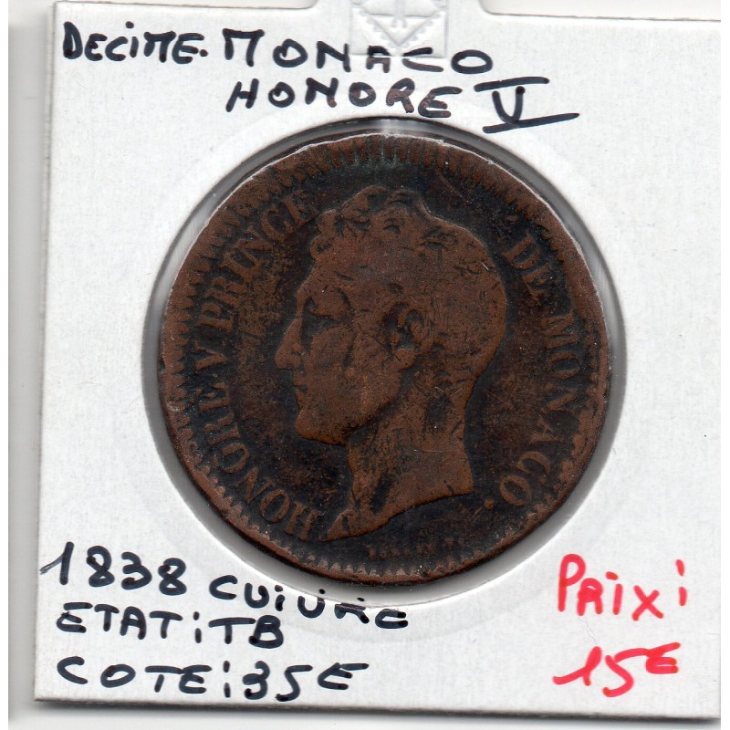 Monaco Honore V 1 Décime 1837 MC TB, Gad 105 pièce de monnaie