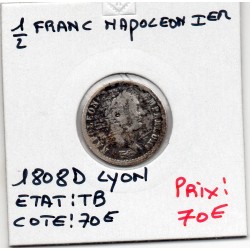 1/2 Franc Napoléon 1er 1808 D Lyon TB, France pièce de monnaie