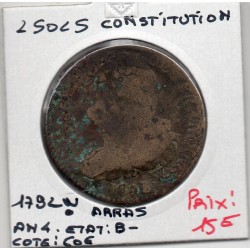 2 Sols Constitution Louis XVI 1792 W. Arras B-, France pièce de monnaie