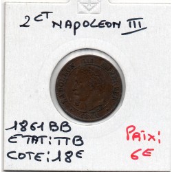 2 centimes Napoléon III tête laurée 1861 BB Strasbourg TTB, France pièce de monnaie