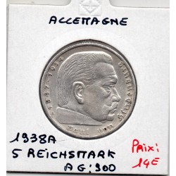 Allemagne 5 reichsmark 1938 A, TTB+ KM 94 pièce de monnaie