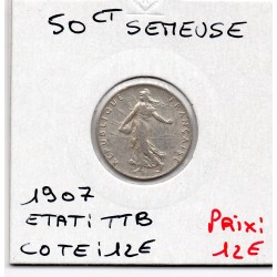 50 centimes Semeuse Argent 1907 TTB, France pièce de monnaie