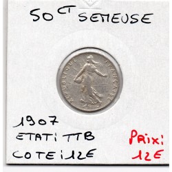 50 centimes Semeuse Argent 1907 TTB, France pièce de monnaie