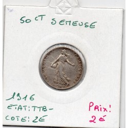 50 centimes Semeuse Argent 1916 TTB-, France pièce de monnaie