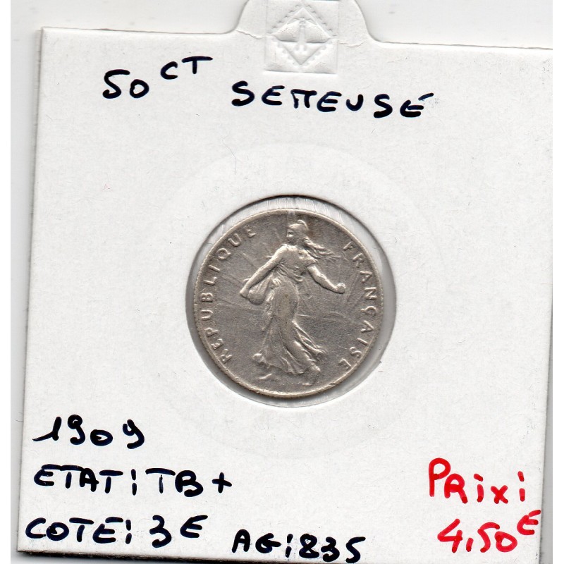 50 centimes Semeuse Argent 1909 TB+, France pièce de monnaie