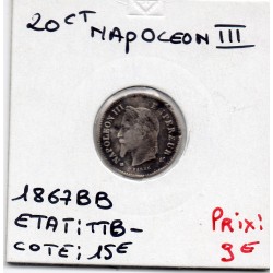 20 centimes Napoléon III tête laurée 1867 BB Strasbourg TTB-, France pièce de monnaie