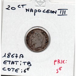 20 centimes Napoléon III tête laurée 1867 A Paris TB, France pièce de monnaie