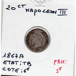 20 centimes Napoléon III tête laurée 1867 A Paris TB, France pièce de monnaie