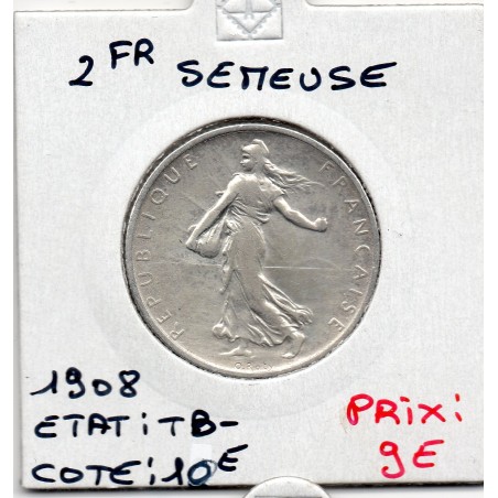 2 Francs Semeuse Argent 1908 TB-, France pièce de monnaie
