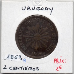 Uruguay 2 Centesimos 1869 TB, KM 12 pièce de monnaie