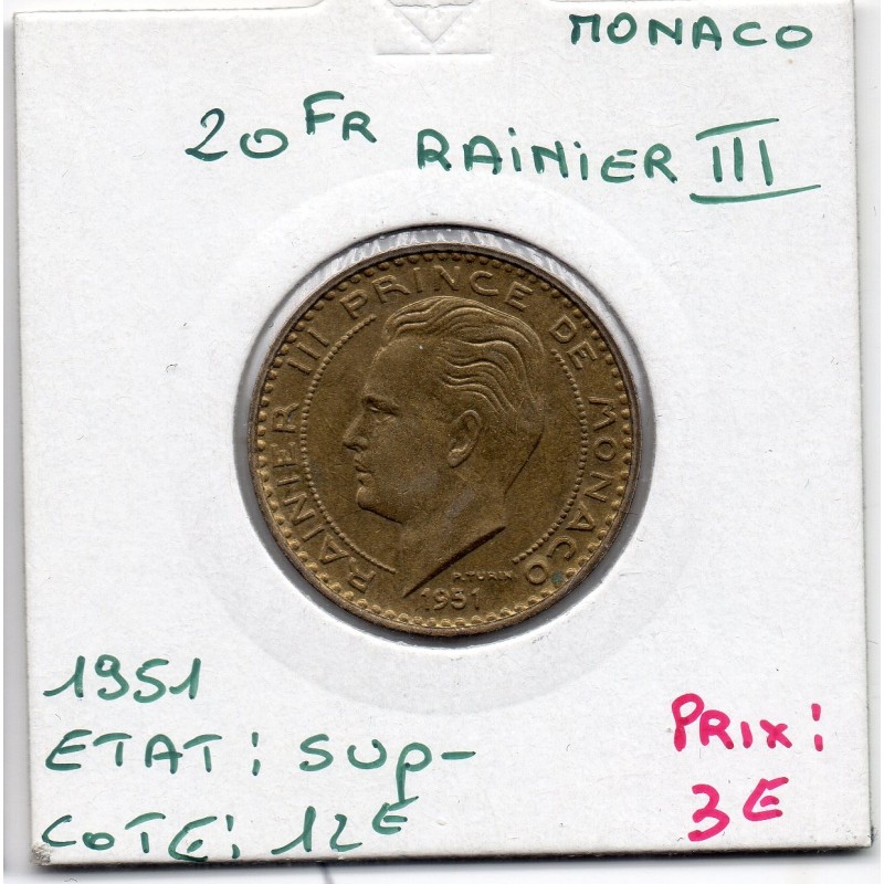 Monaco Rainier III 20 francs 1951 Sup-, Gad 140 pièce de monnaie Monaco Rainier III 20 francs 1951 Sup-, Gad 140 pièce de monnaie